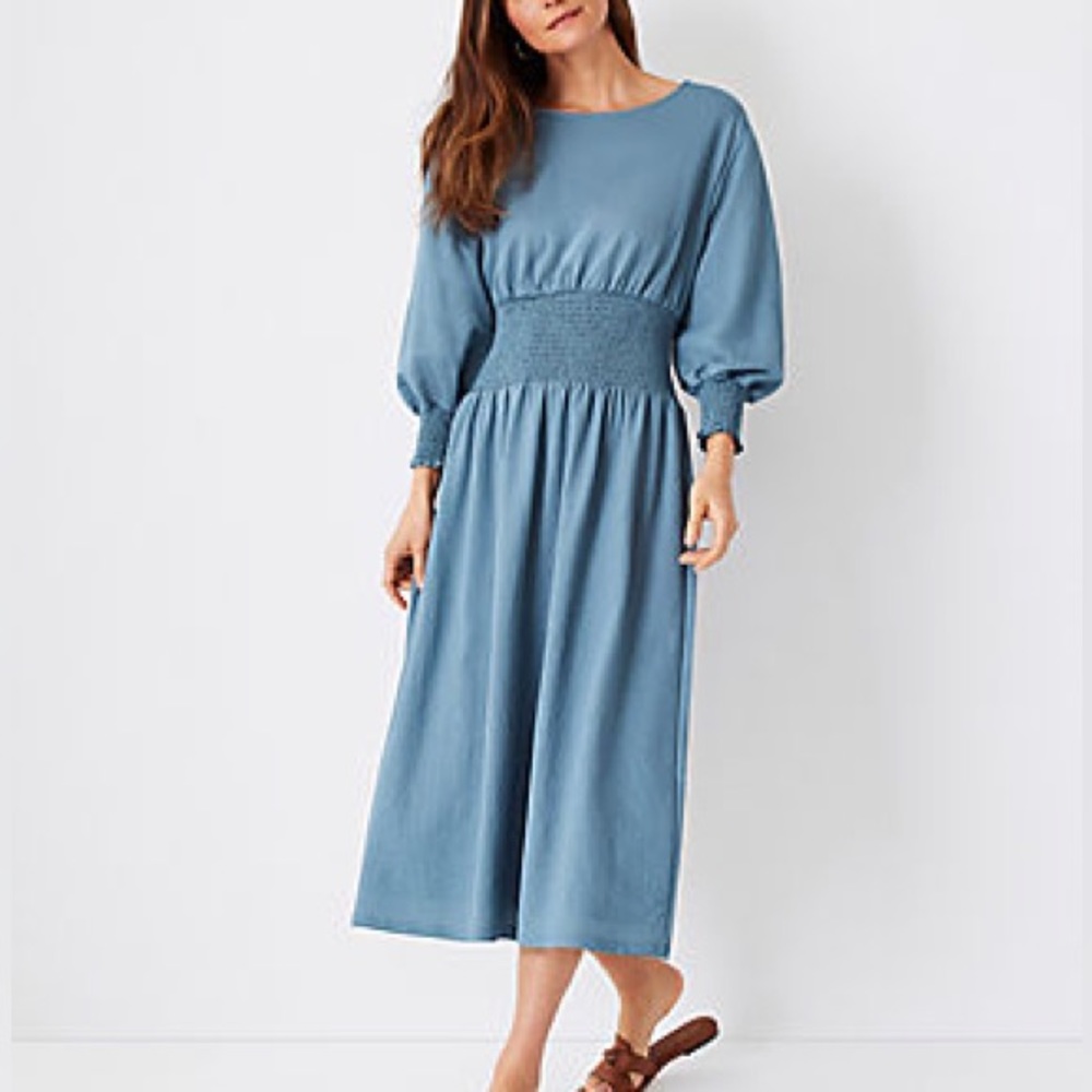 ANN TAYLOR: Petite Smocked Waist Flare Midi Dress
